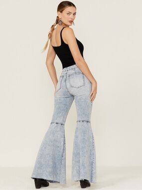 We The Free People Float On Indigo Marble Acid Wash High Rise Flare Jeans 30